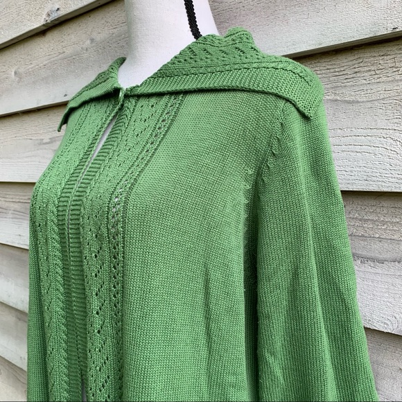 True Vintage 70s Green Peter Pan Collar 3/4 Sleeve Baby Doll Cardigan Sweater - Picture 4 of 16